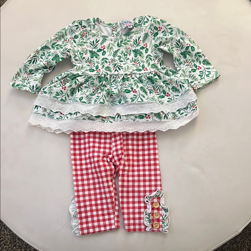 Christmas Floral Holly Top and Gingham Pants Set